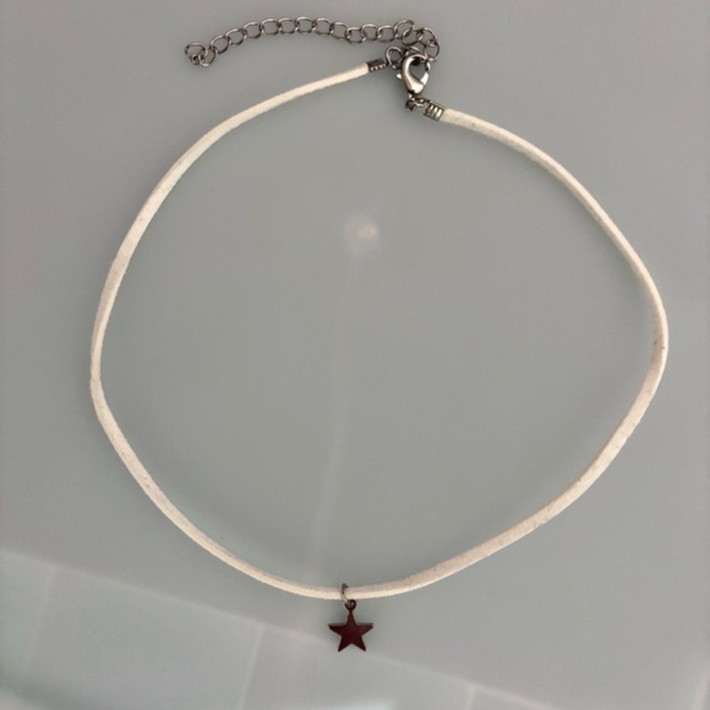 White Whimsigoth Choker Necklace with Silver Tone Star Charm / Pendant